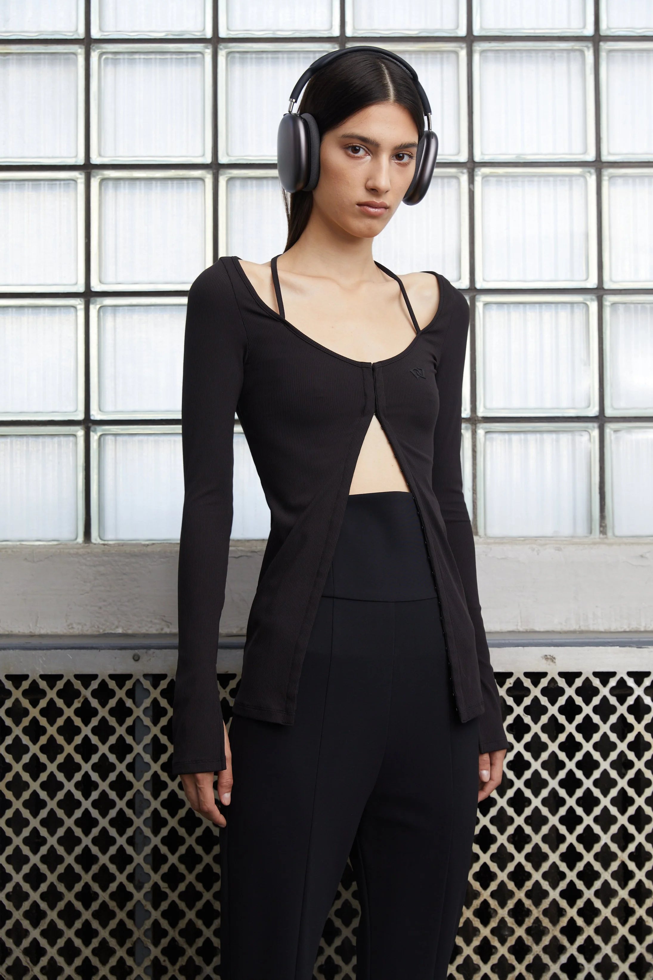 FIR© Hook & Eye Long Sleeve Top with Front Tie in Black