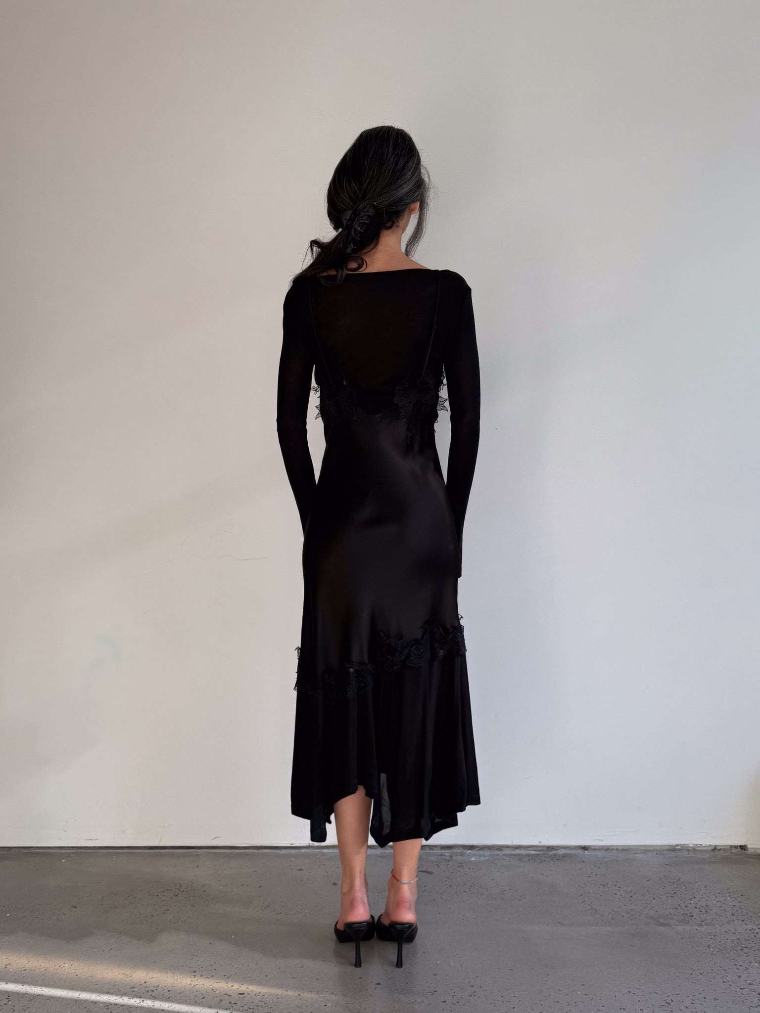 Venus Satin & Lace Dress in Black