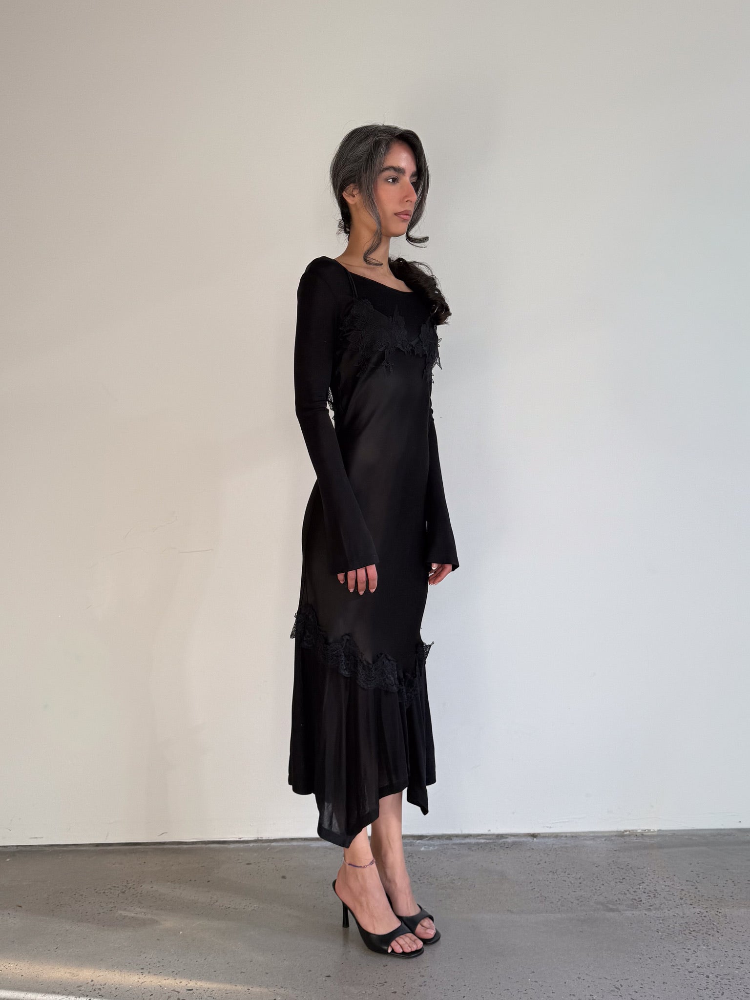 Venus Satin & Lace Dress in Black
