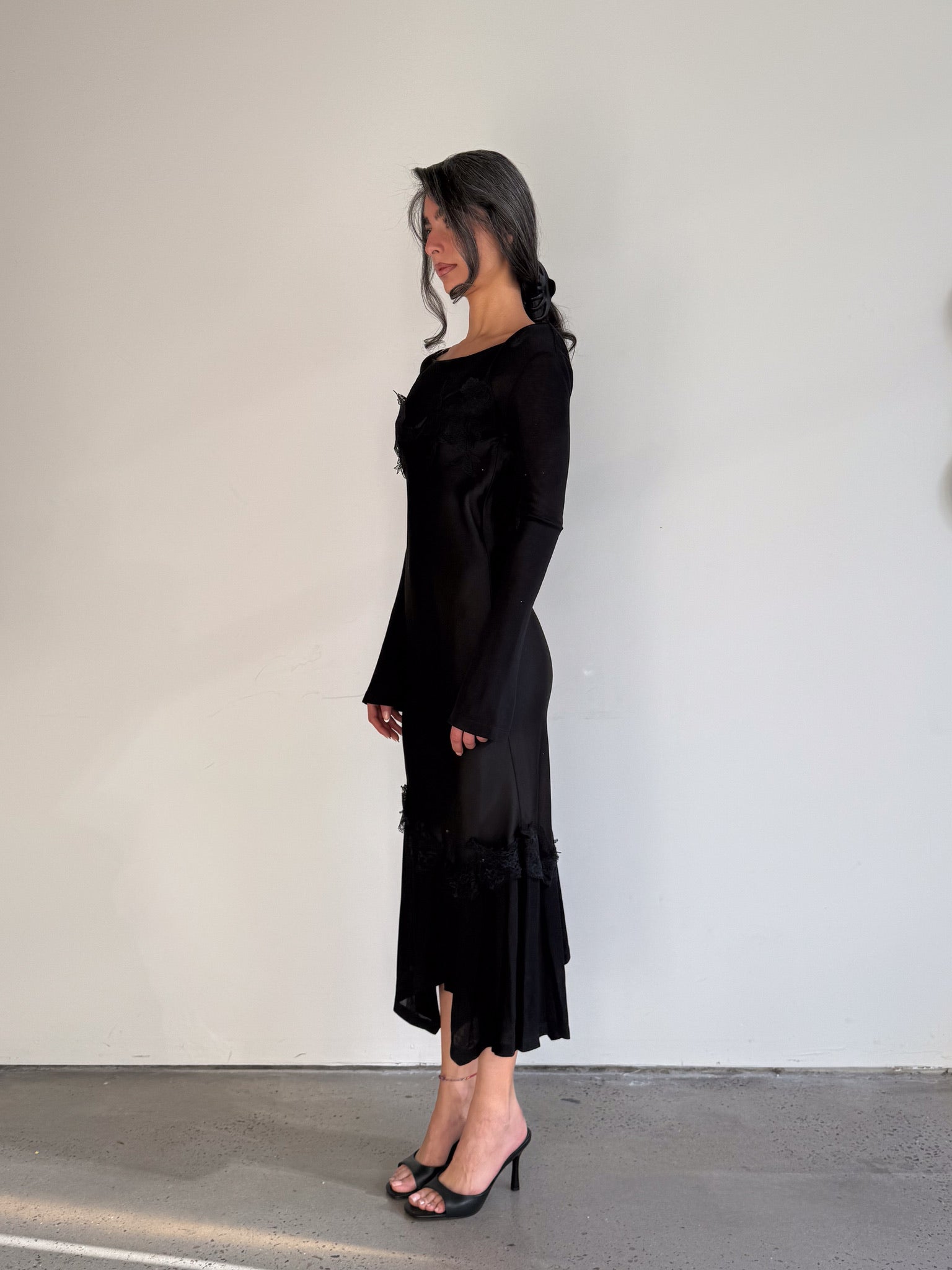 Venus Satin & Lace Dress in Black