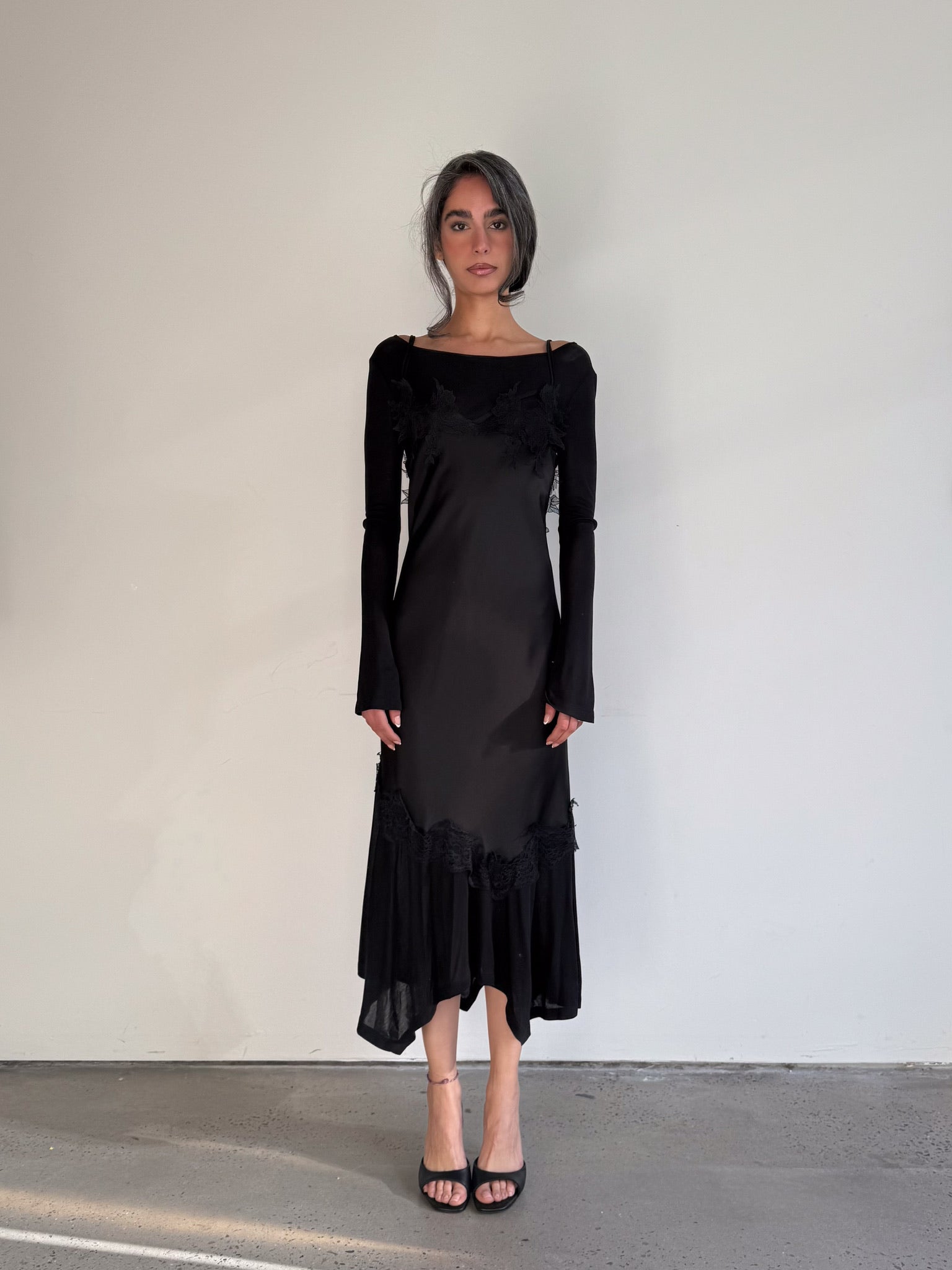Venus Satin & Lace Dress in Black