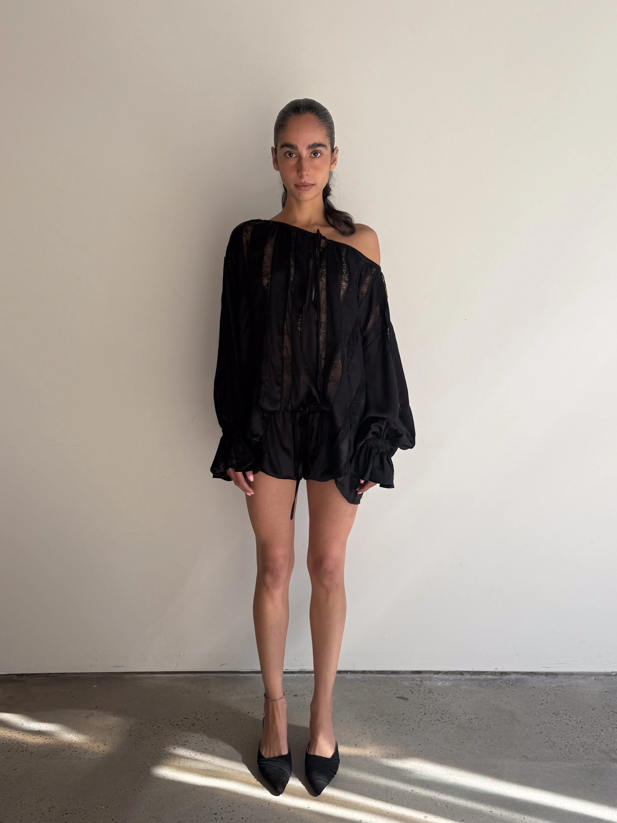 Muse Lace & Satin Panelled Bubble Shorts in Black