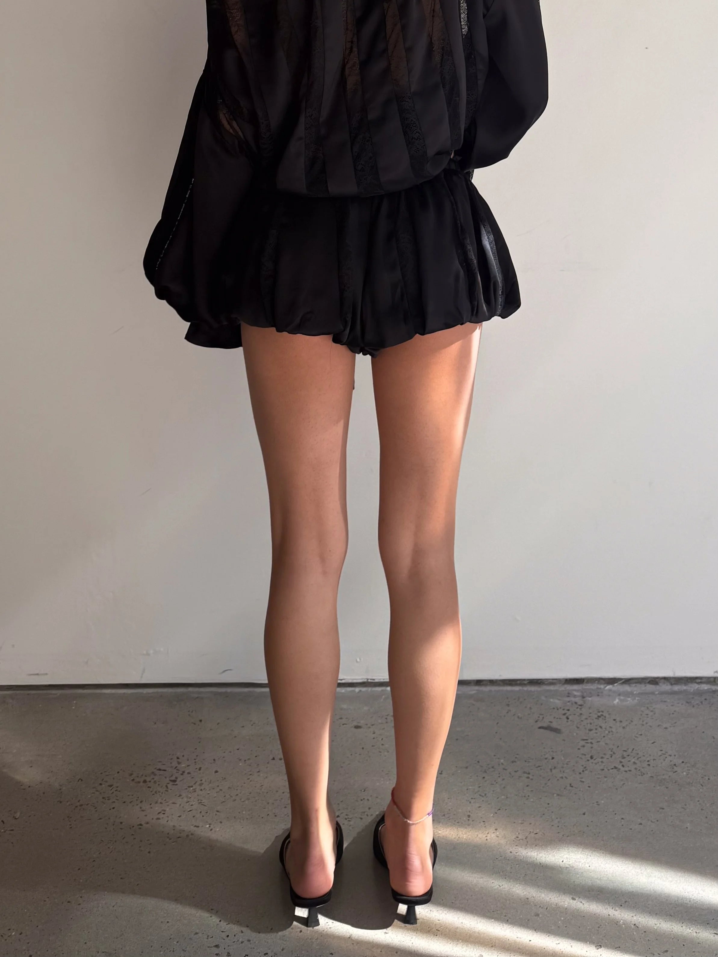 Muse Lace & Satin Panelled Bubble Shorts in Black