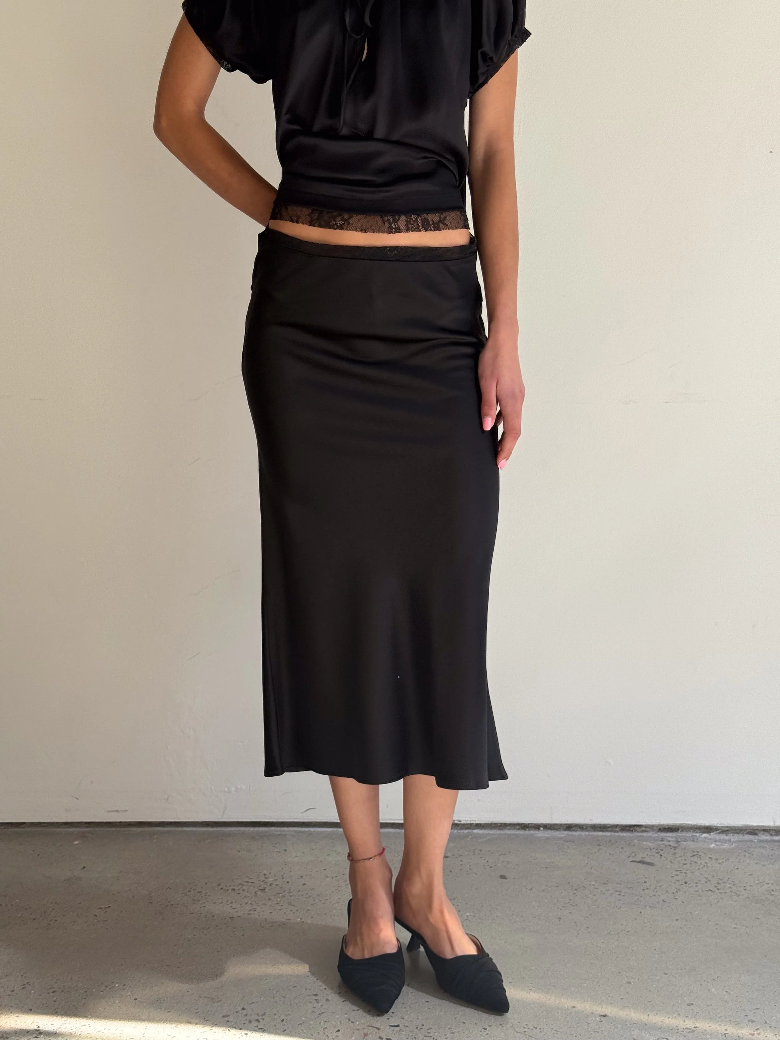 Veil Midi Satin Skirt in Black