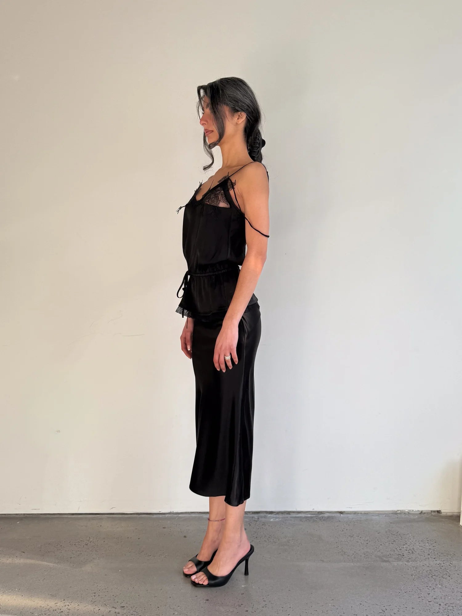 Lace Openwork Satin Cami Top in Black