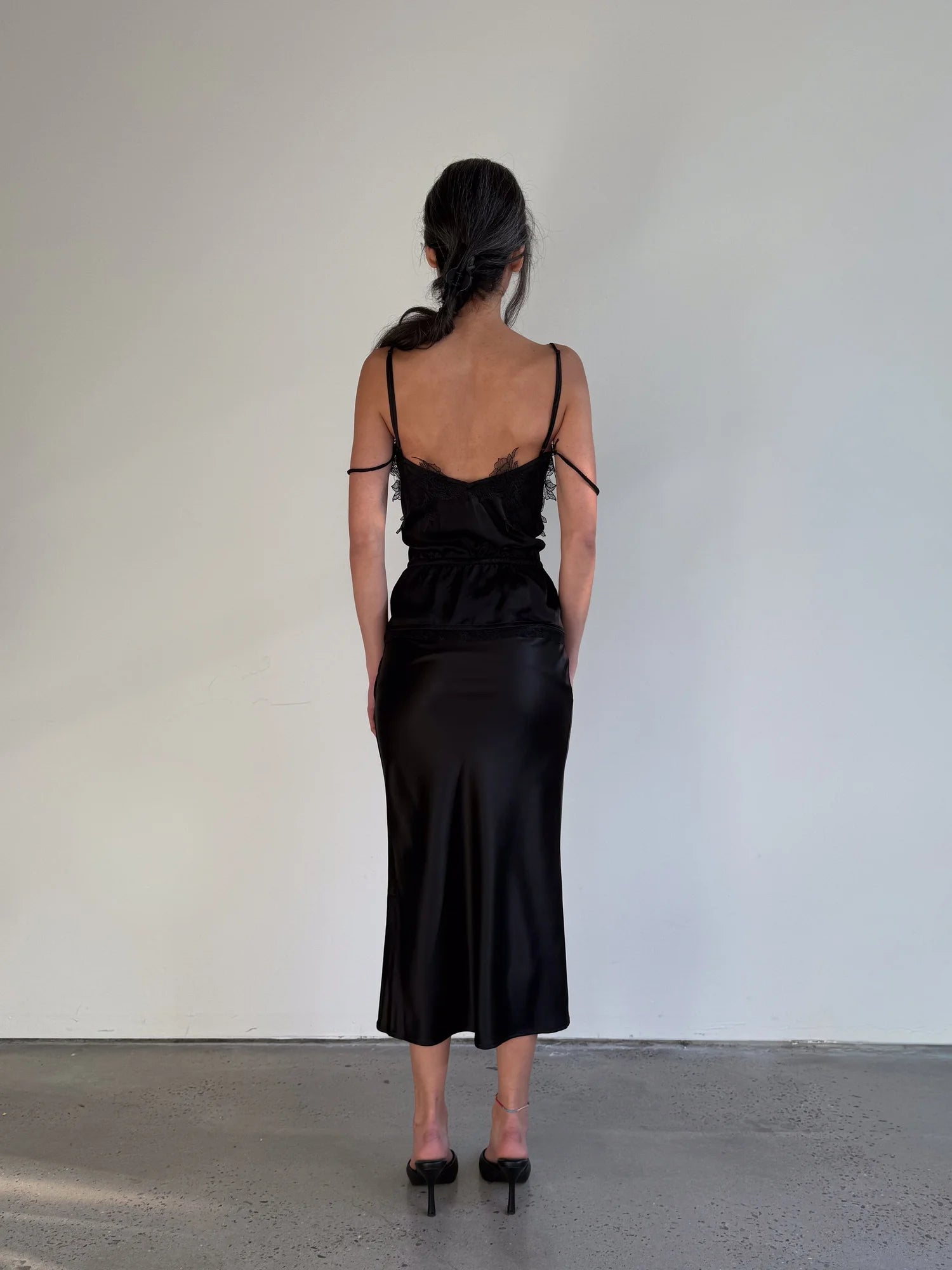 Lace Openwork Satin Cami Top in Black