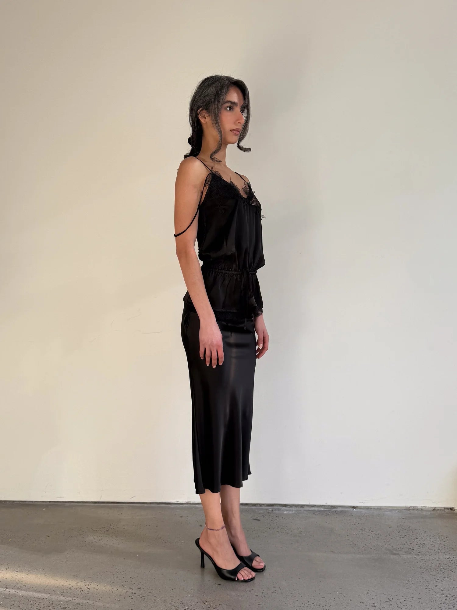 Lace Openwork Satin Cami Top in Black