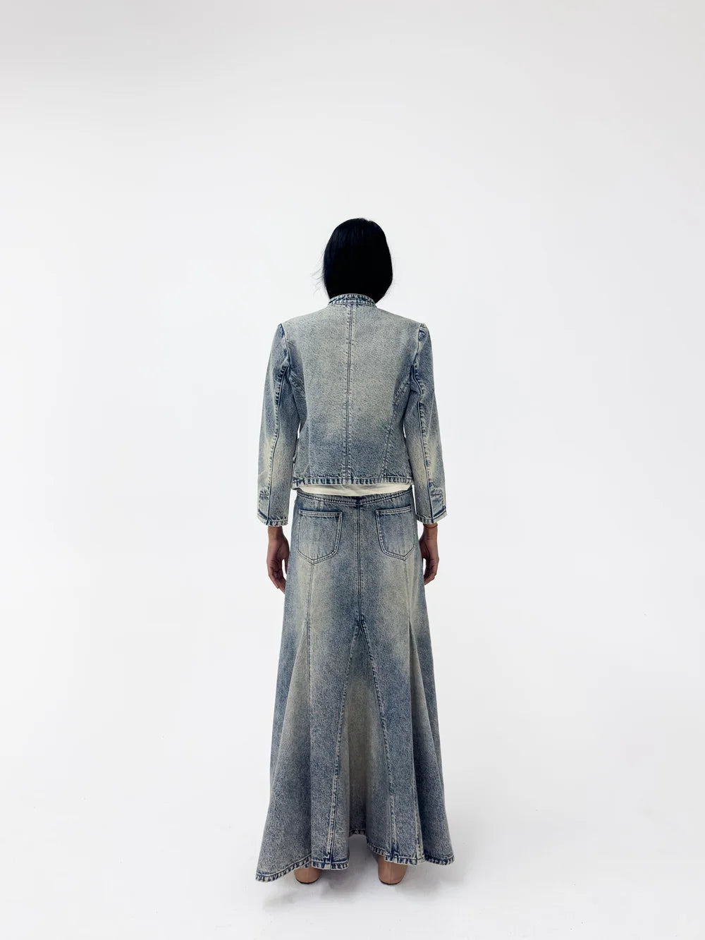 Denim Fishtail Low-Waist Denim Maxi Skirt