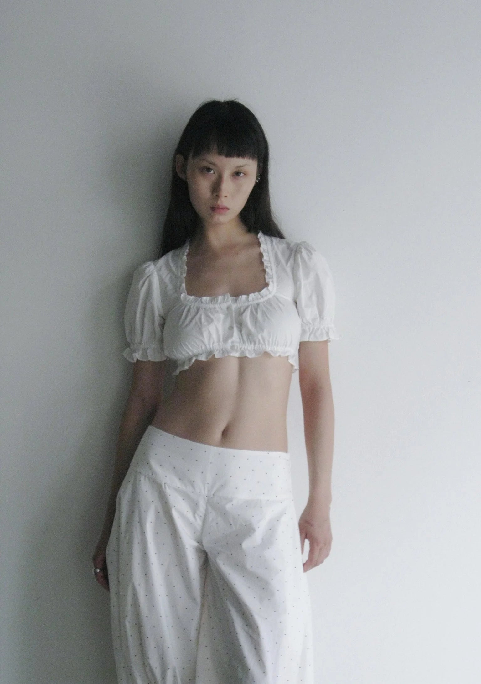 Sandwashed Cotton Cropped Top with Bubble Sleeves