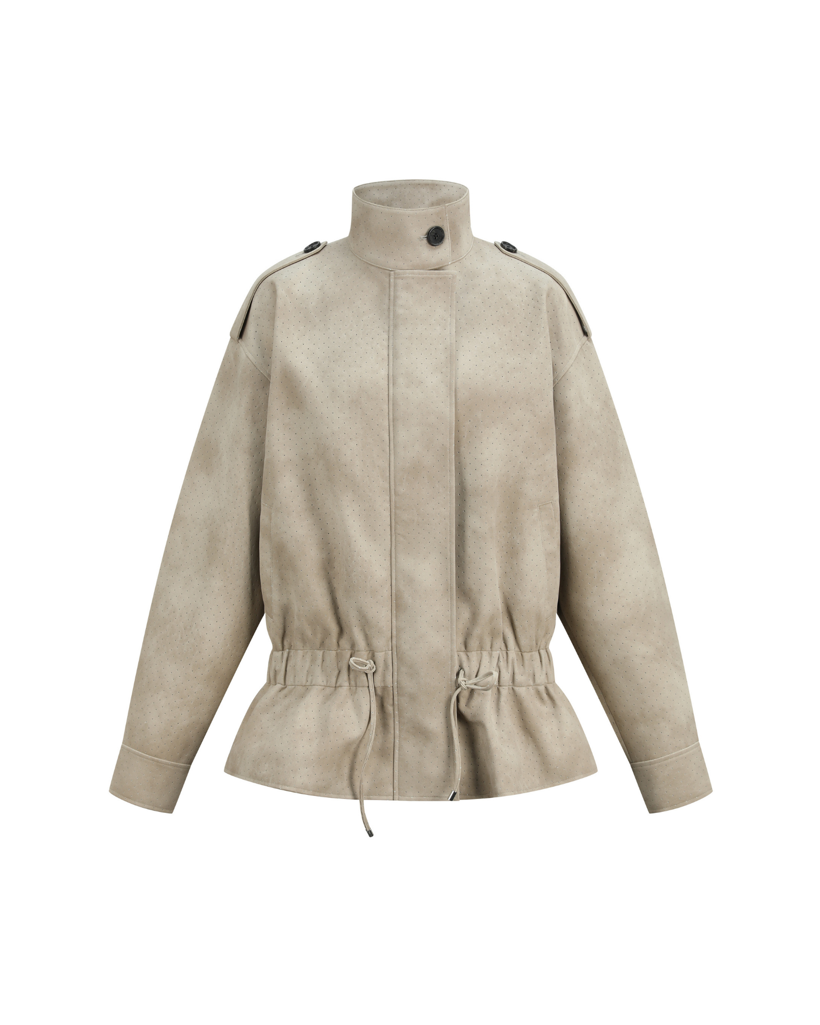 Beige jacket with drawstring waist on a white background
