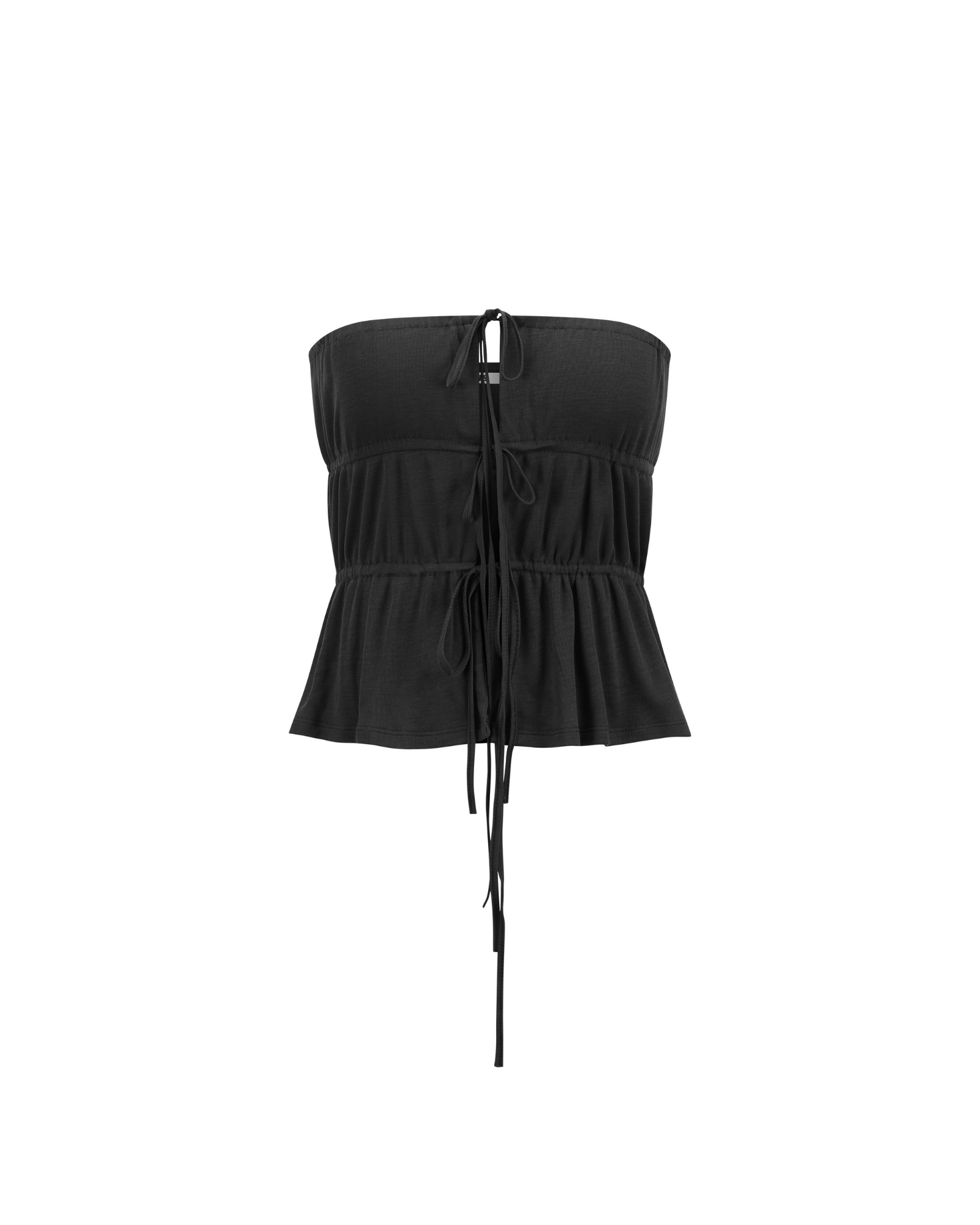 Black strapless top with ruched details on a white background