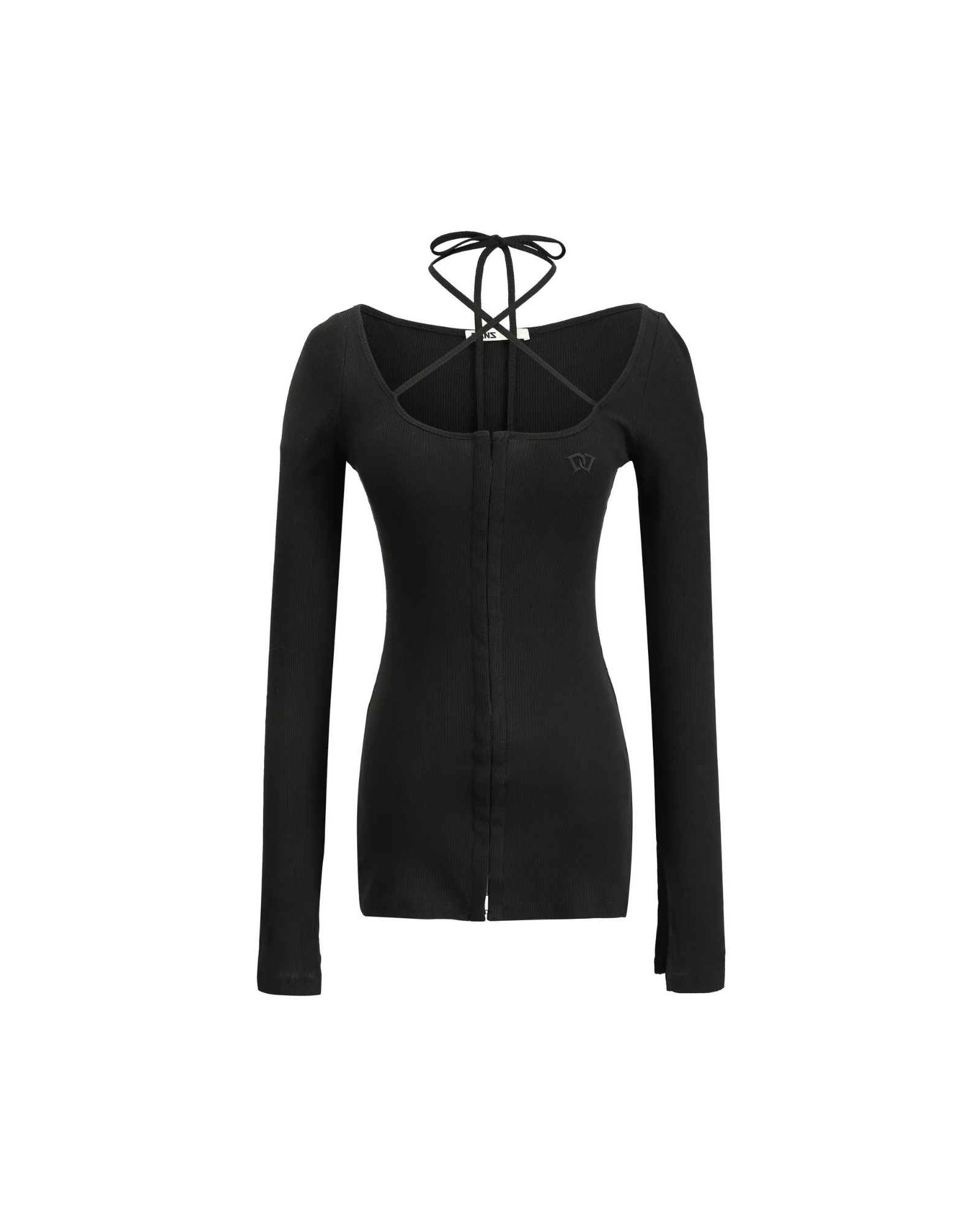 FIR© Hook & Eye Long Sleeve Top with Front Tie in Black