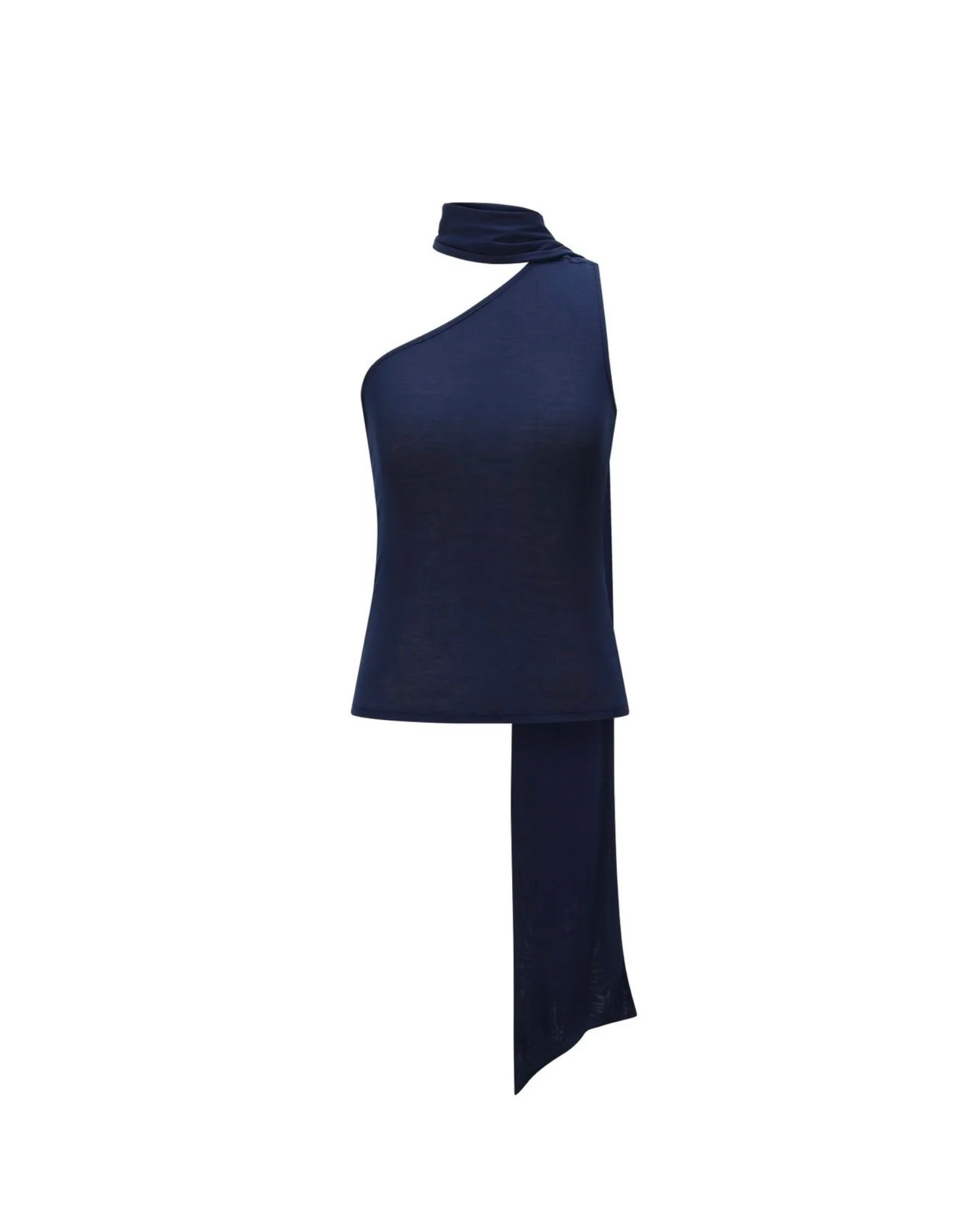 Navy blue sleeveless top with a high-low hem on a white background