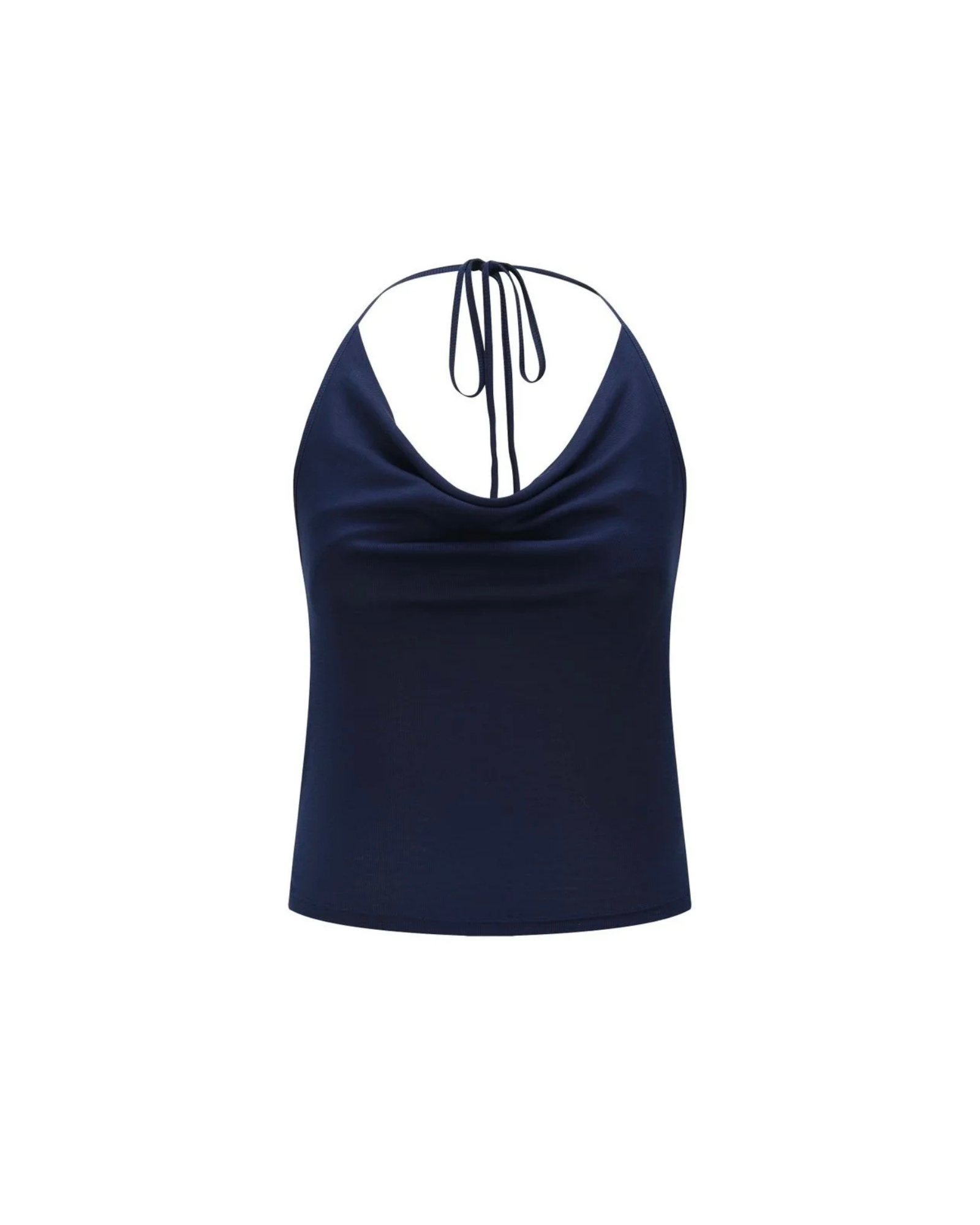 Navy blue halter top on a white background
