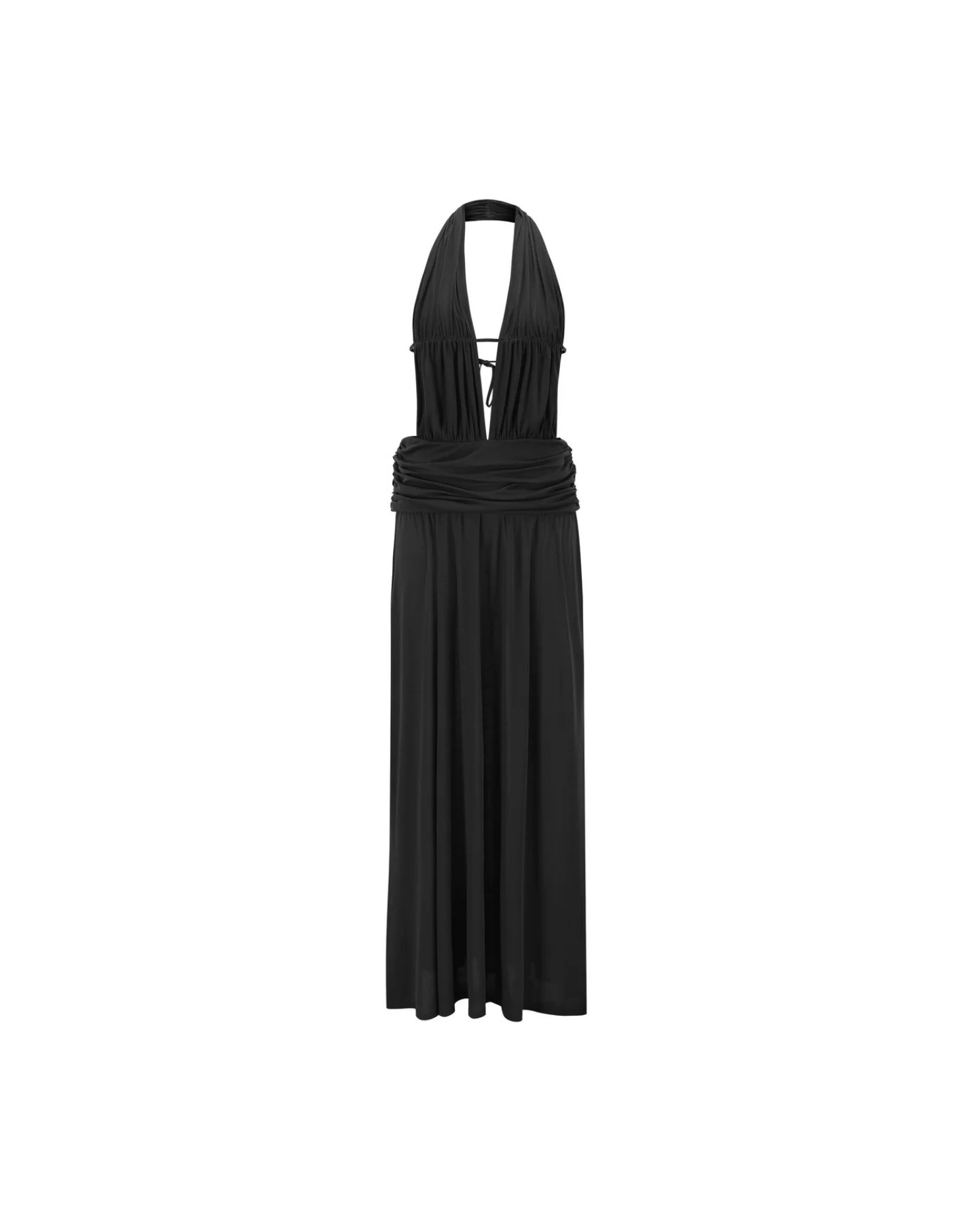 Black dress with a halter neck on a white background