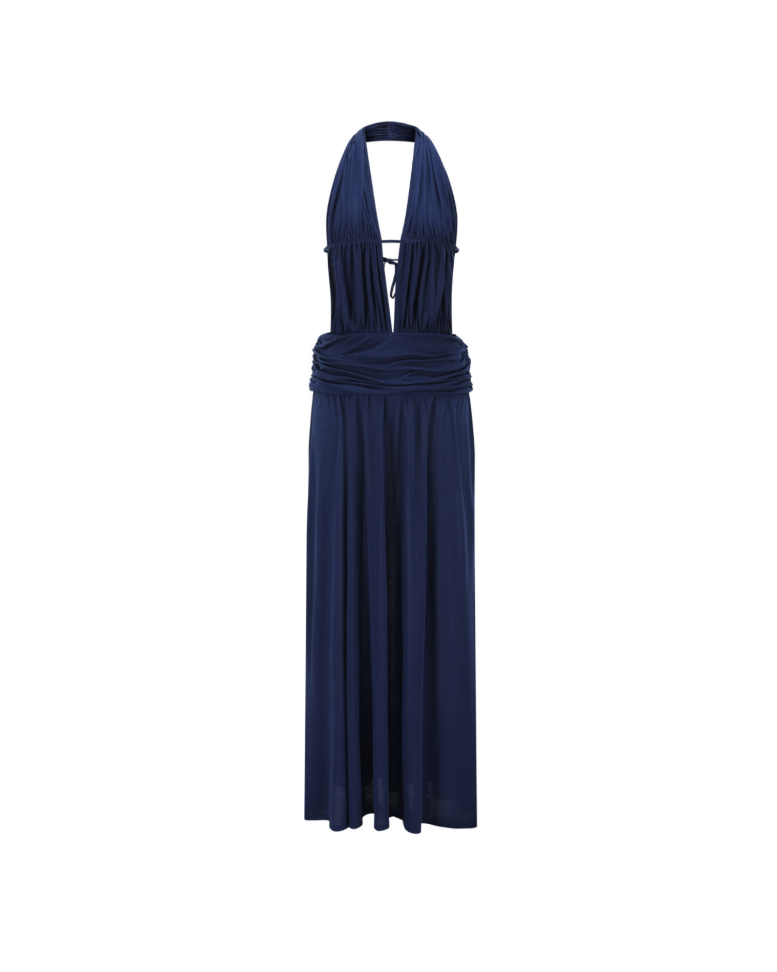Navy blue halter neck dress on a white background