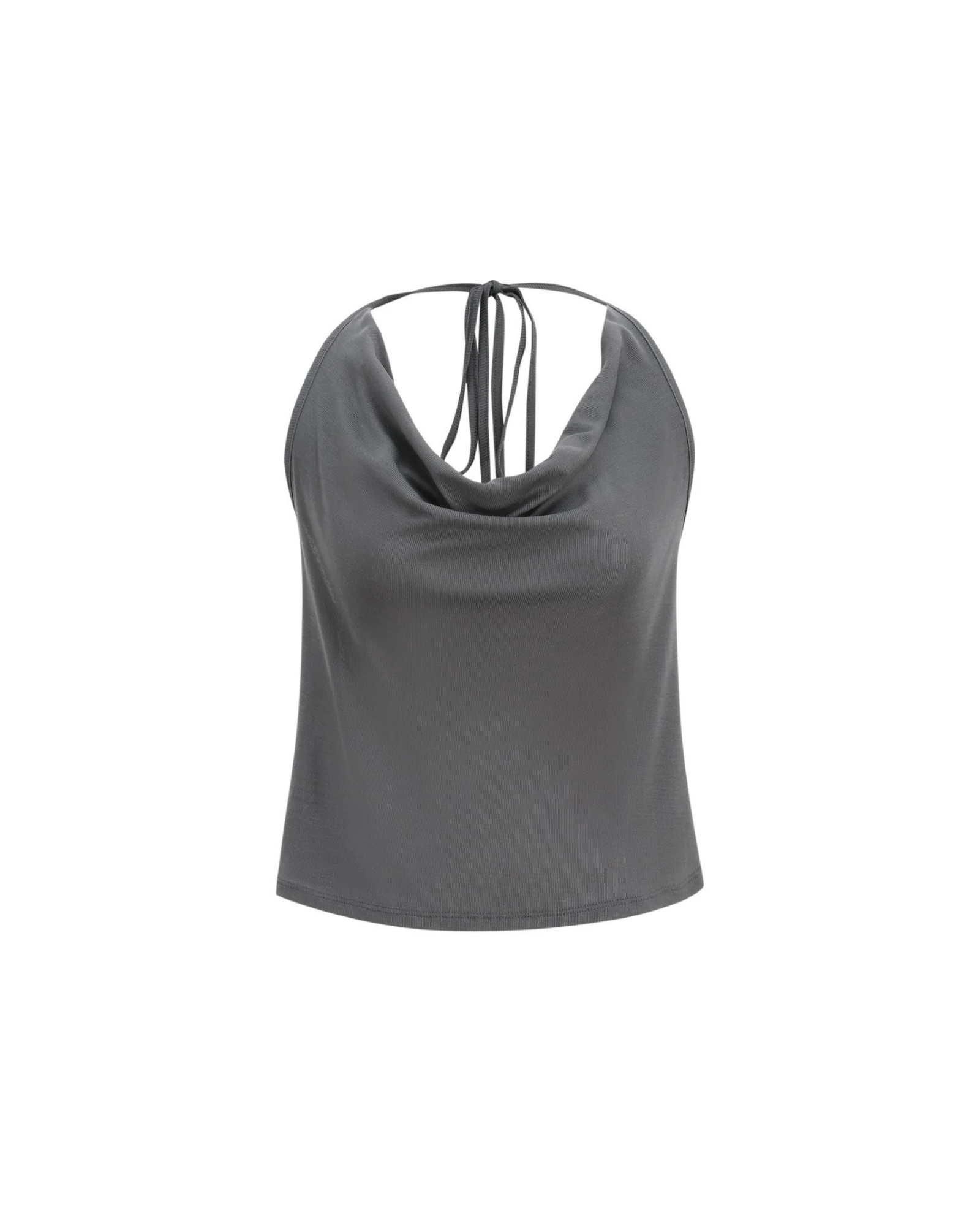 Gray sleeveless top with a draped neckline on a white background