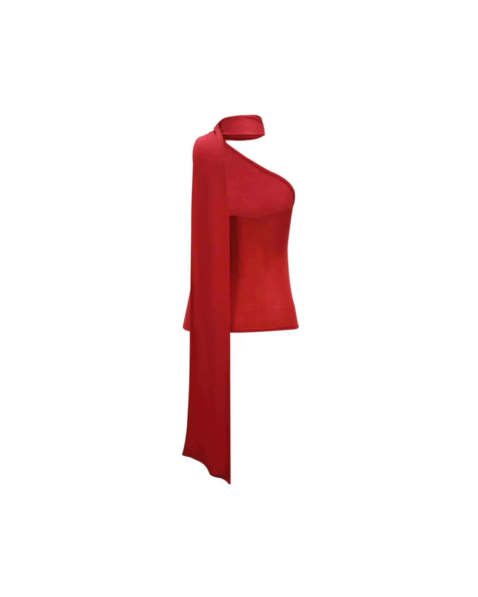 Red one-shoulder top on a white background