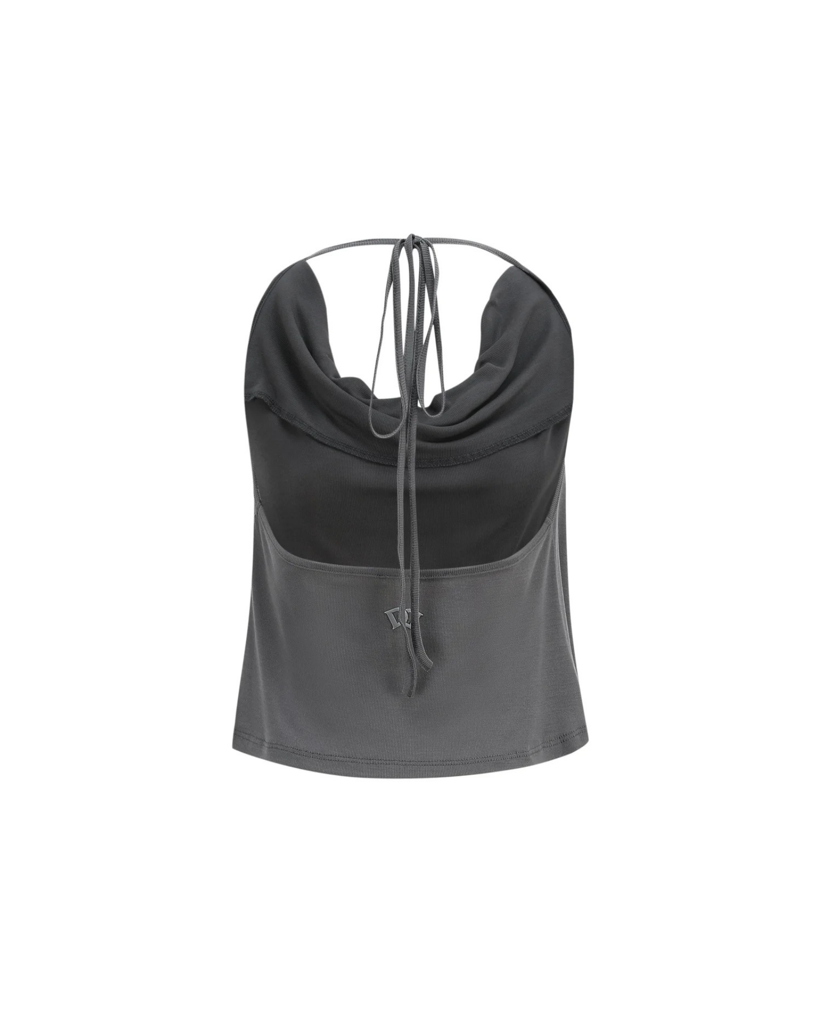 Black and gray sleeveless top with drawstring on a white background