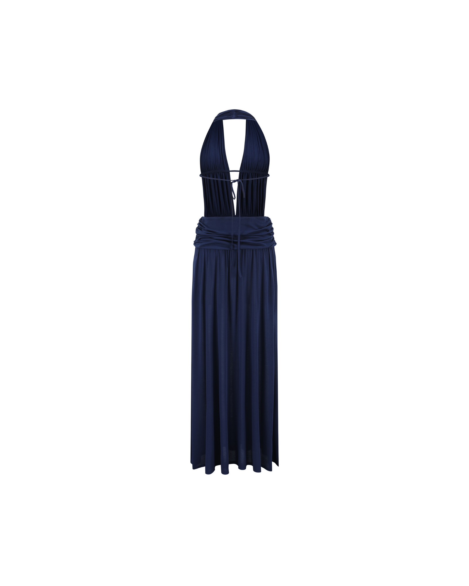 Navy blue halter neck dress with a wide belt on a white background
