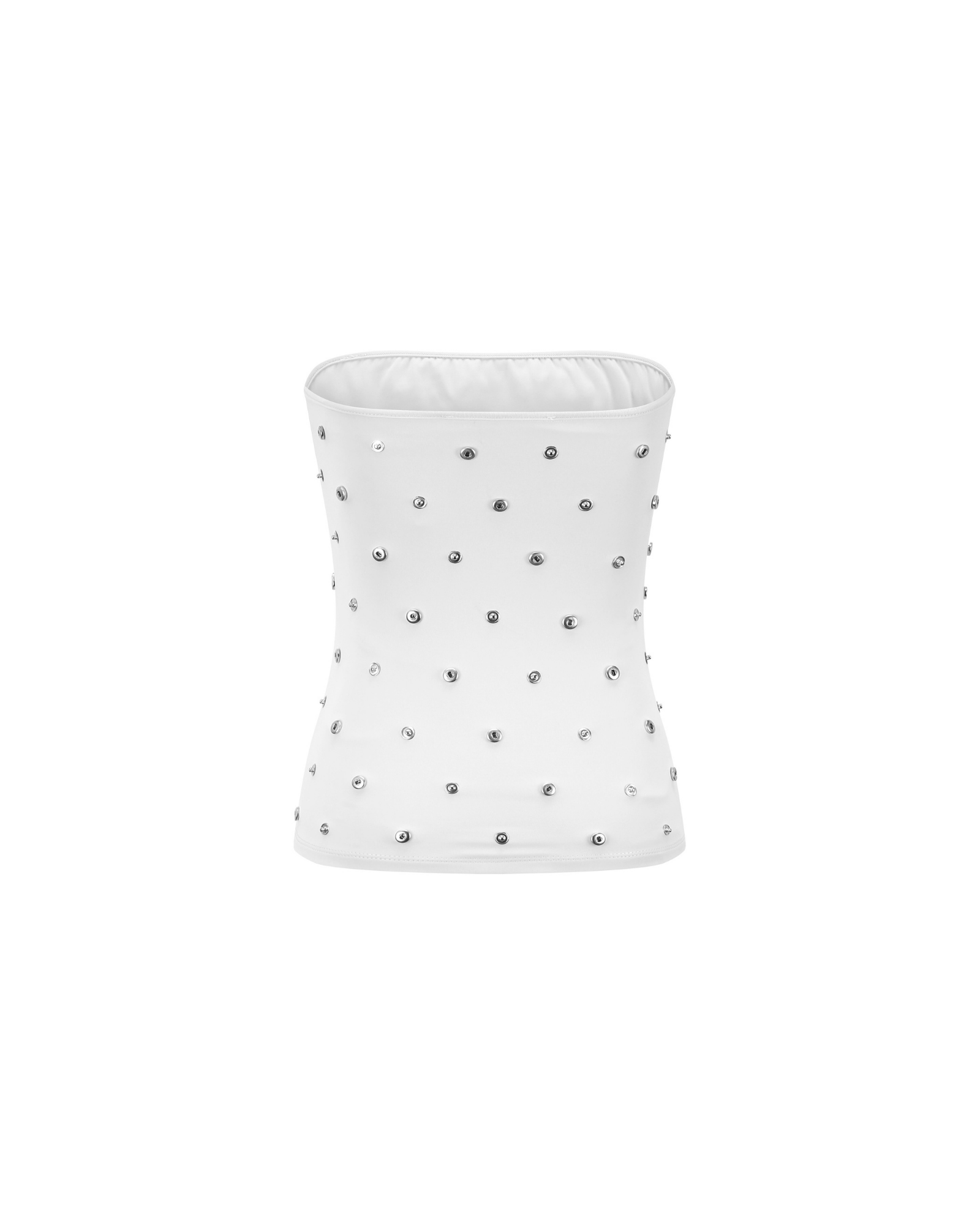 White cylindrical container with decorative studs on a white background
