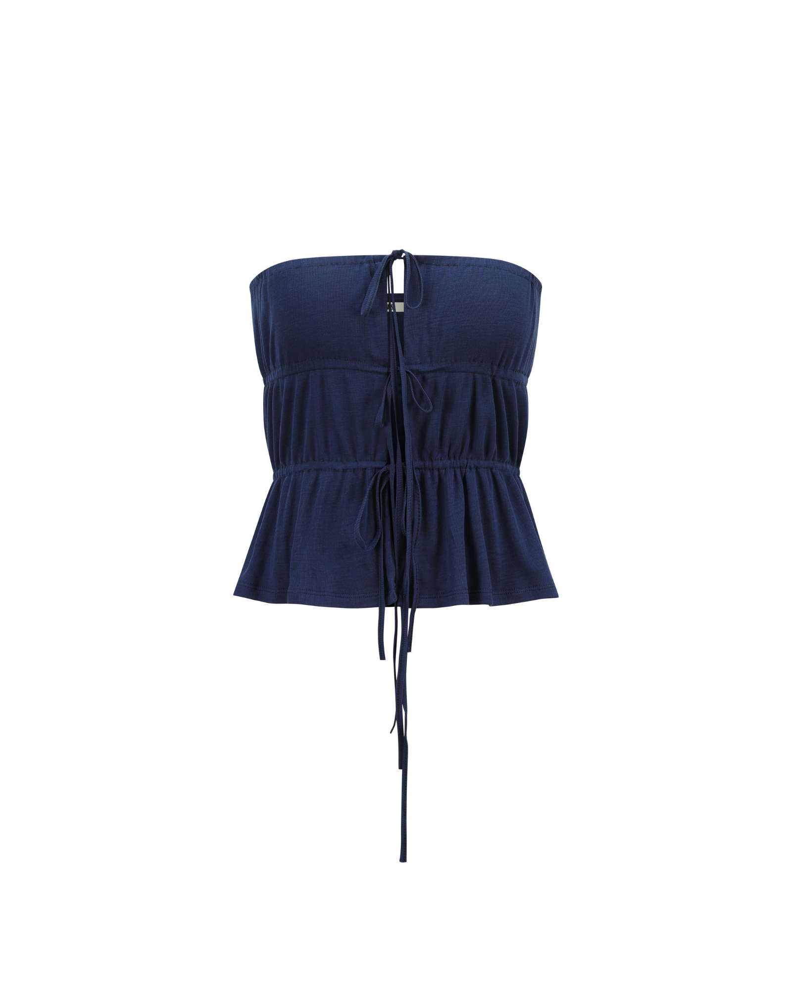Navy blue strapless top with ruched design on a white background