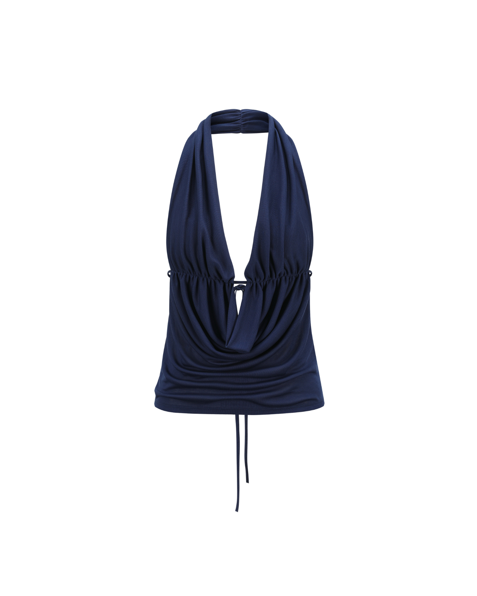 Navy blue halter top on a white background