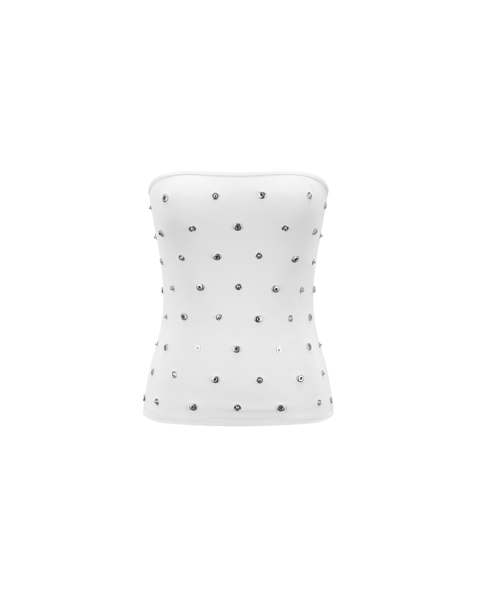 White strapless top with black embellishments on a white background