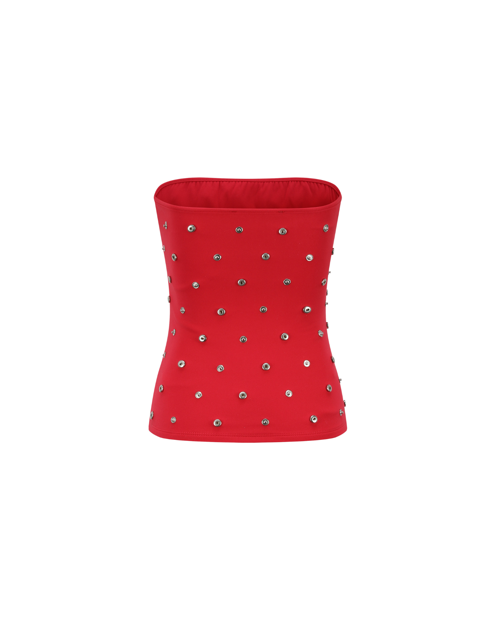 Red strapless top with embellishments on a white background