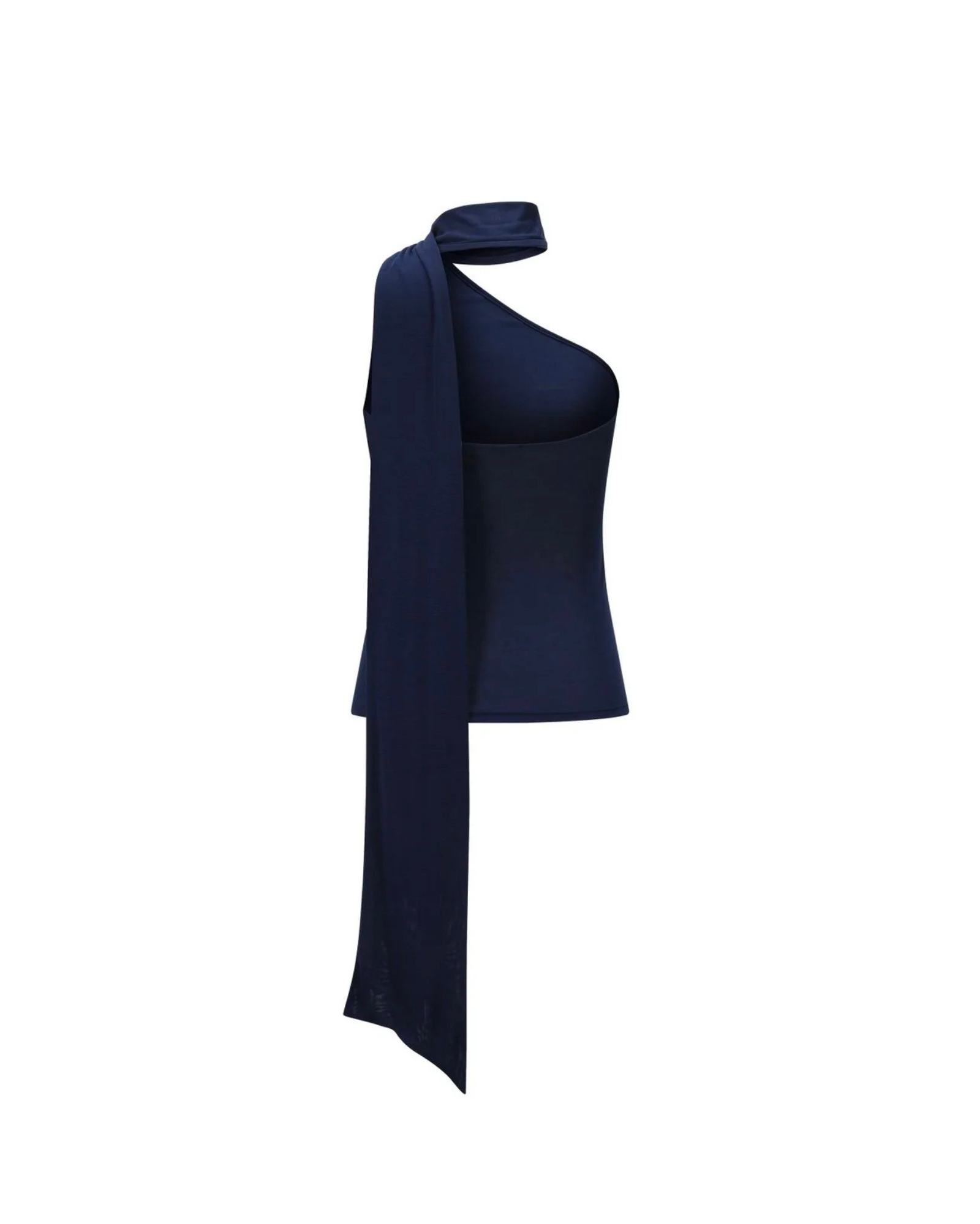 Navy blue one-shoulder top on a white background