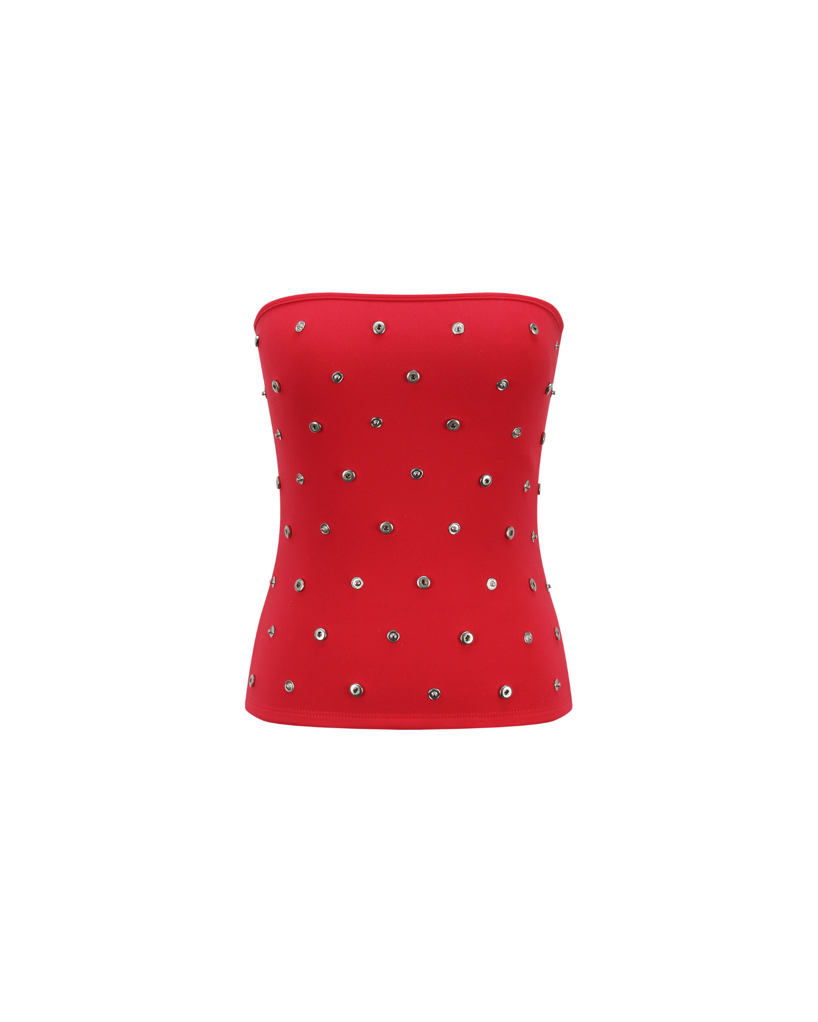Red strapless top with embellishments on a white background