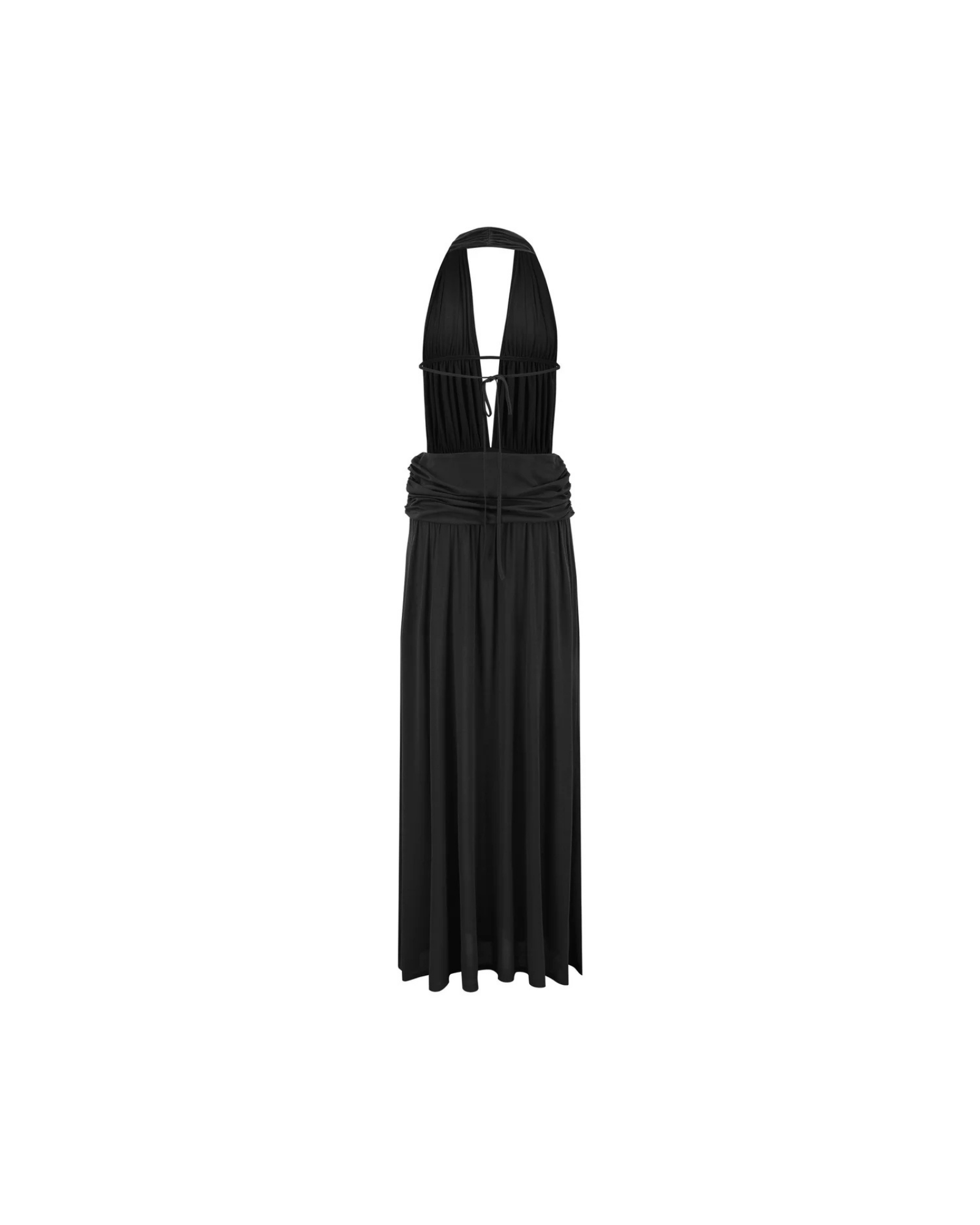 Black halter neck dress with fringes on a white background