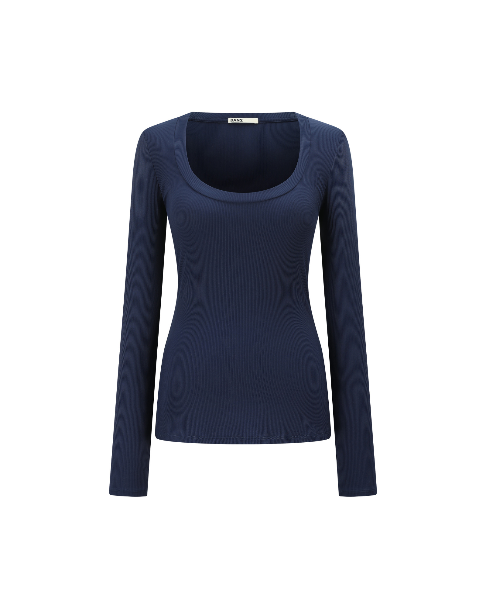 Navy blue long-sleeve top on a white background
