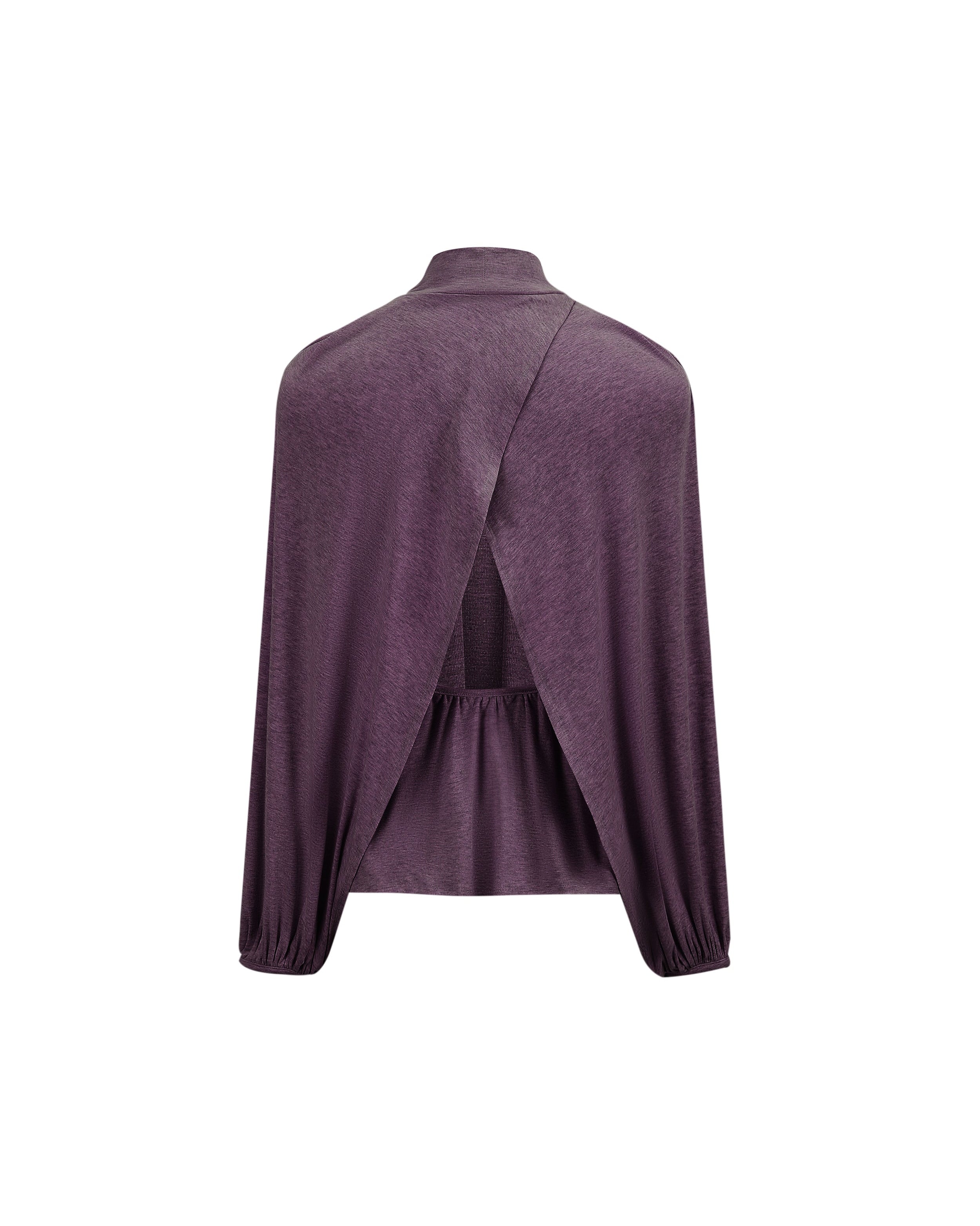 Purple long-sleeve top with open back on a white background